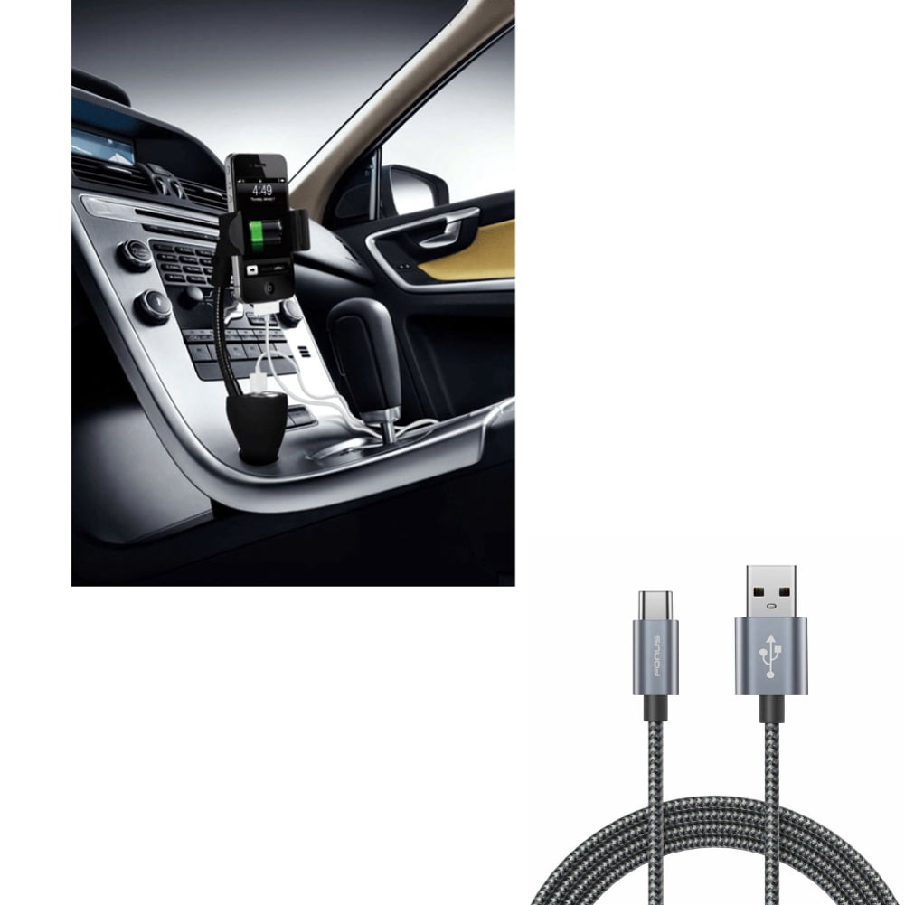 10ft USB Cable + Car Mount for Motorola One 5G Ace Phone - Type-C Charger Cord Power Wire and  Charger Holder DC Socket USB 2-Port Combo for Motorola One 5G Ace