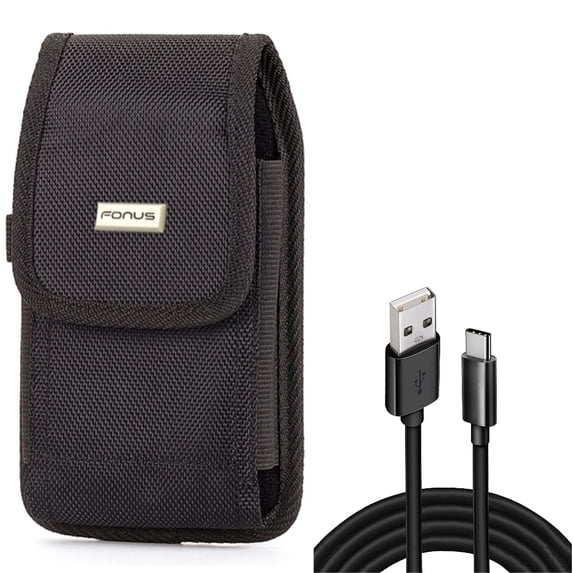 10ft USB Cable + Case Belt Clip for Motorola One 5G Ace Phone - Type-C Charger Cord Power Wire and Rugged Holster Canvas Cover Combo for Motorola One 5G Ace