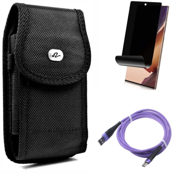 10ft USB Cable & Case Belt Clip & Privacy Screen Protector for Samsung Galaxy Note 20 Ultra (6.9") - Combo with Purple Type-C & Rugged Holster & TPU Film Anti-Peep