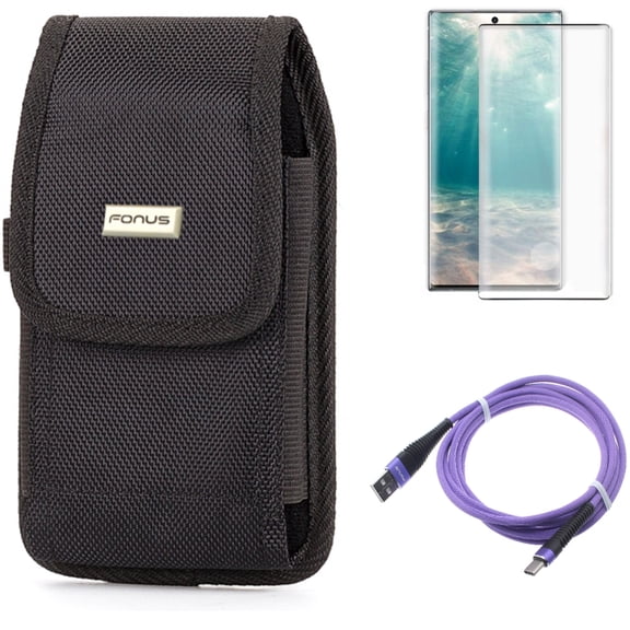 10ft USB Cable & Case Belt Clip & Screen Protector for Samsung Galaxy Note 20 (6.7") - Combo with Purple Type-C & Rugged Holster & Tempered Glass (Fingerprint Unlock)