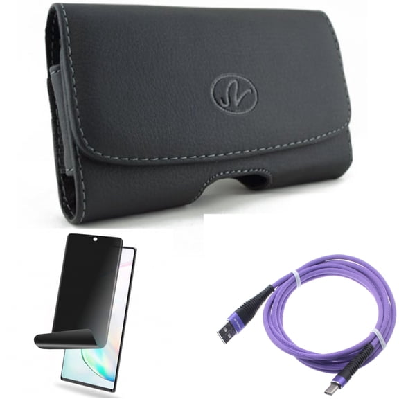 10ft USB Cable & Privacy Screen Protector & Case Belt Clip for Samsung Galaxy Note 20 (6.7") - Combo with Purple Type-C & TPU Film Anti-Peep & Leather Swivel