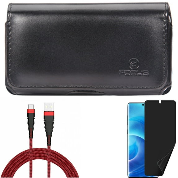 10ft USB Cable w Case Belt Clip w Privacy Screen Protector for Samsung Galaxy S20 - Type-C Charger Cord, Leather Swivel, TPU Film [NOT GLASS] X1W fits Samsung Galaxy S20 Model