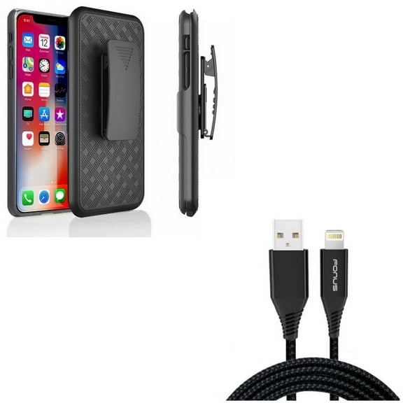 10ft USB Cable w Case Belt Clip for iPhone XR - Charger Cord Power Wire Braided Long, Holster Swivel Cover Kickstand Armor Compatible With iPhone XR