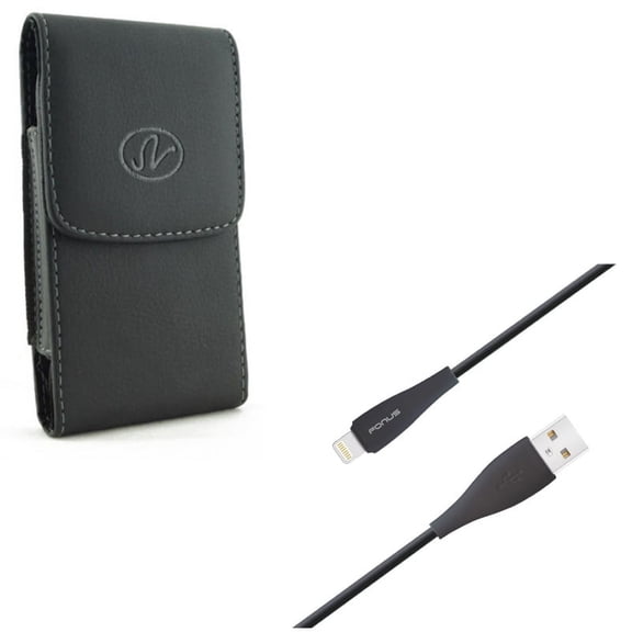 10ft USB Cable w Case Belt Clip for iPhone 8/7/6S/6/11 Pro - Charger Cord Power Wire Long Sync, Leather Holster Cover Pouch Vertical for iPhone 8/7/6S/6/11 Pro Models