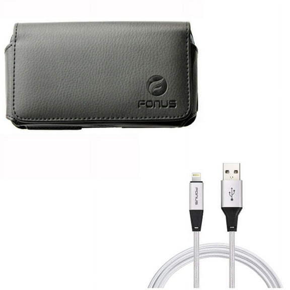 10ft USB Cable w Case Belt Clip for iPhone 8/7/6S/6 - Charger Cord Power Wire Braided Long, Leather Swivel Holster Loops Cover for iPhone 8/7/6S/6 Models