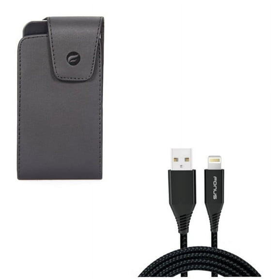 10ft USB Cable w Case Belt Clip for iPhone 8/7/6S/6 - Charger Cord Power Wire Braided Long, Leather Swivel Holster Vertical Cover for iPhone 8/7/6S/6 Models