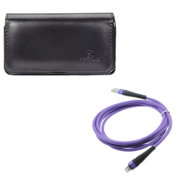 10ft USB Cable w Case Belt Clip for iPhone 8/7/6S/6 - Purple Charger Cord Power Wire Braided, Leather Swivel Holster Loops Cover for iPhone 8/7/6S/6 Models
