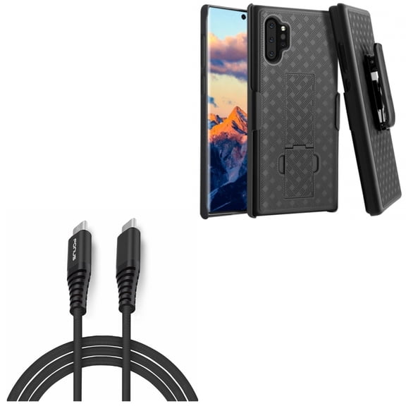 10ft USB Cable w Holster Case Belt Clip for Samsung Galaxy Note 10 Plus - [Type-C [C-to-C] Charger Cord Power Wire Sync Braided, Swivel Cover Kickstand Armor Combo Drop-Proof]