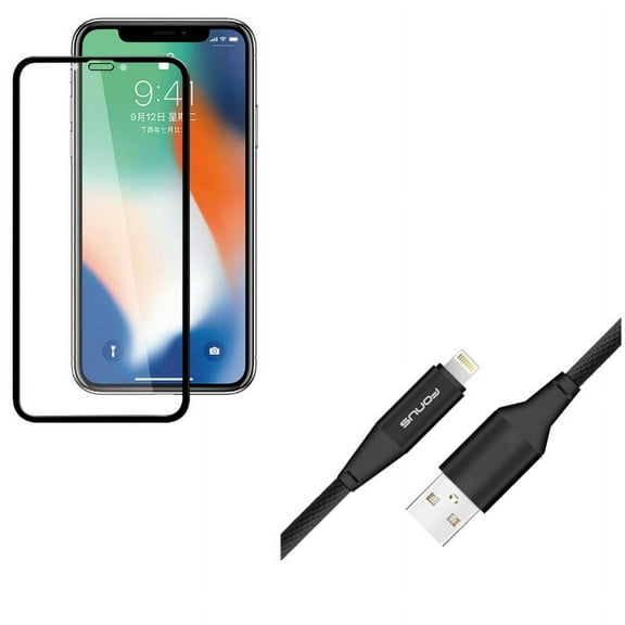 10ft USB Cable w Screen Protector for iPhone XR - Charger Cord Power Wire Braided, Anti-Glare Tempered Glass Matte 3D