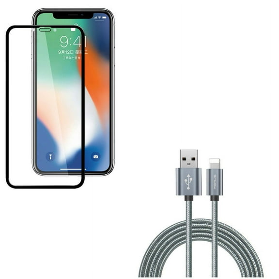 10ft USB Cable w Screen Protector for iPhone XR - Charger Cord Power Wire Braided, Anti-Glare Tempered Glass Matte 3D