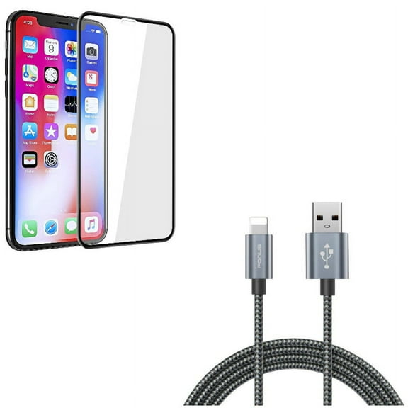 10ft USB Cable w Screen Protector for iPhone XR - Charger Cord Power Wire Braided, Tempered Glass 5D Touch Curved Edge Full Cover
