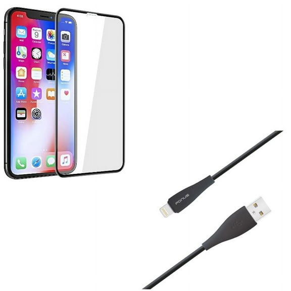 10ft USB Cable w Screen Protector for iPhone XR - Charger Cord Power Wire Long, Tempered Glass 5D Touch Curved Edge Full Cover