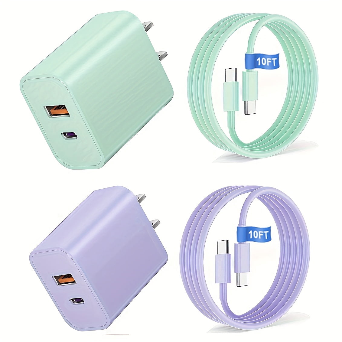 10ft Ultra Long Cable, "dual Fast" 20W USB C Fast Charger Block, Dual Port Power Adapter, with 10ft Cable C-type Fast Charging Group, Suitable for iPhone 15/16 Series, iPad, Samsung, Etc