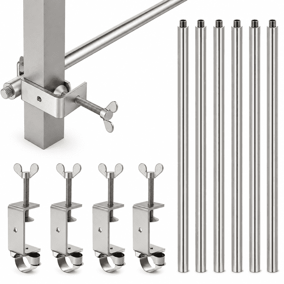 10ft Universal Canopy Rail Bars - 2-Pack 3-Segment Cross Bars for 10x10 10x15 Pop-Up Tent, Half Wall Hardware with 4 Frame Connectors, Stainless Steel (Silver)