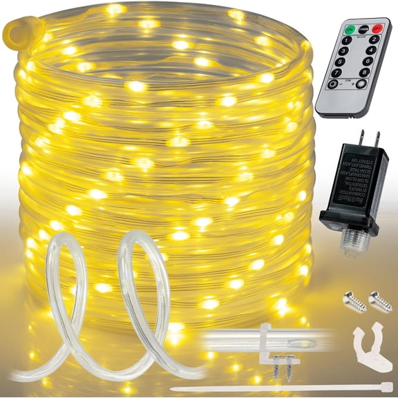 10ft Warm White LED Outside Rope Light - 8 Modes, Waterproof Permanent Outdoor Accent Lighting w/Remote, Flexible Clear Tube, ETL Certified, Exterior Christmas Patio Palm Tree Yard Ambient
