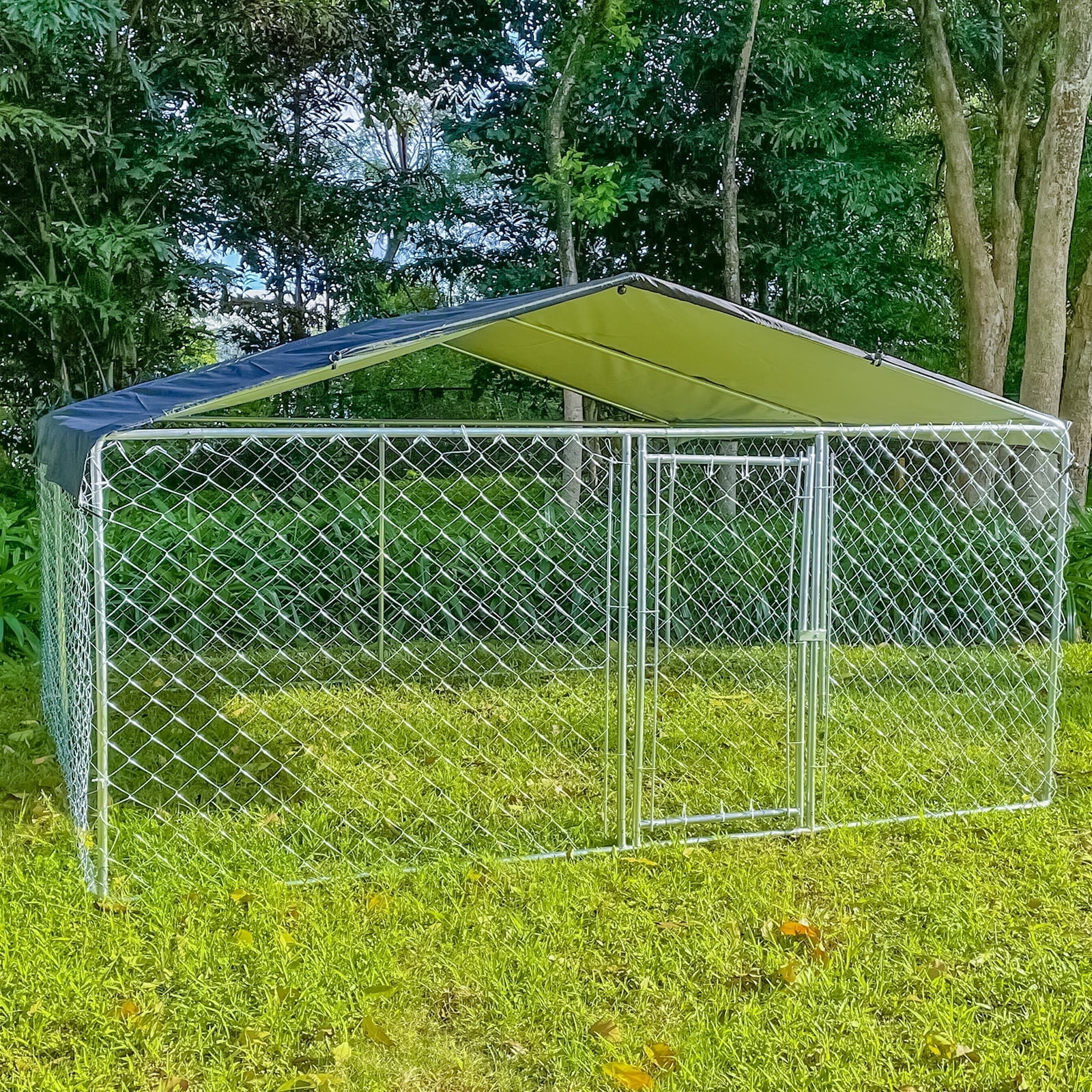 View of 10ft x 10ft Heavy Duty Metal Dog Kennel with Roof, Outdoor Enclosure ...