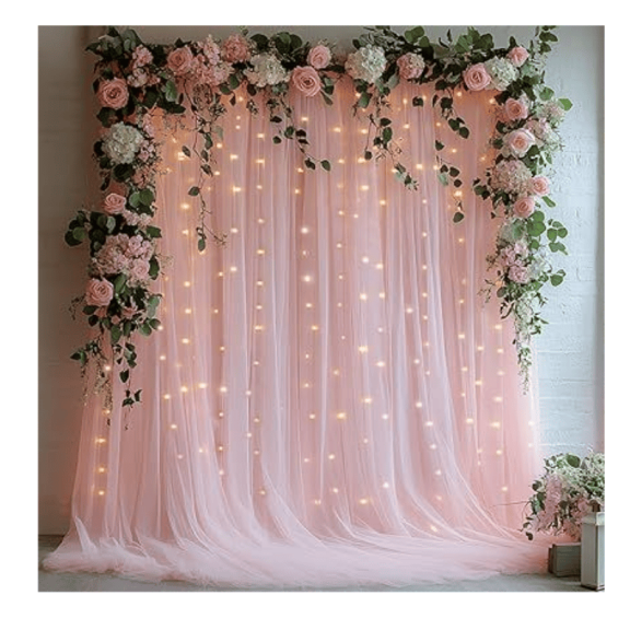 10ft x 10ft Pink Tulle Curtain Backdrop with 300 LED Fairy Lights Wrinkle-Free Sheer Drapes Photo Background for Wedding Baby Shower Bridal Shower Birthday Dance Home Decor