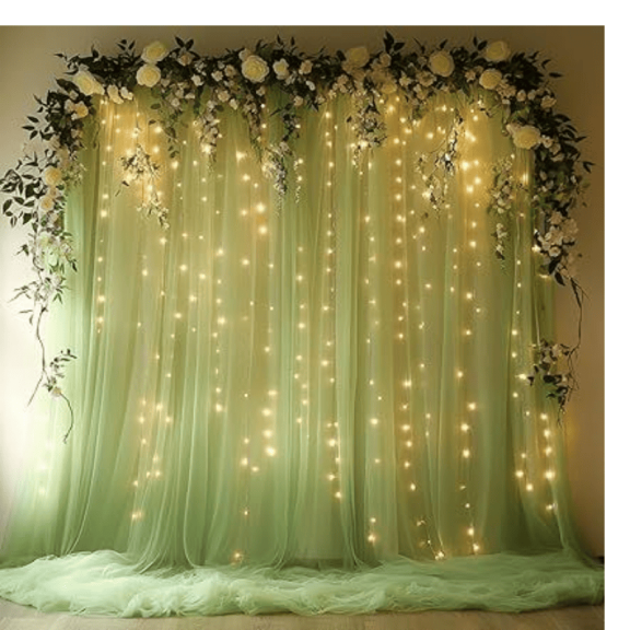 10ft x 10ft Sage Green Tulle Curtain Backdrop with 300 LED Fairy Lights Wrinkle-Free Sheer Drapes Photo Background for Wedding Baby Shower Bridal Shower Birthday Home Decor