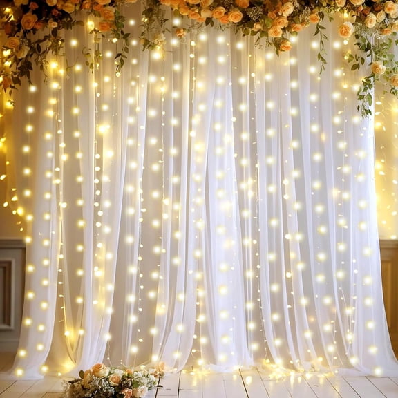 10ft x 10ft White Sheer Tulle Backdrop Curtains with Lights String for Party Wedding Wrinkle Free Curtain Backdrops Drapes for Shower Birthday Party Photo Drop Background Decorations