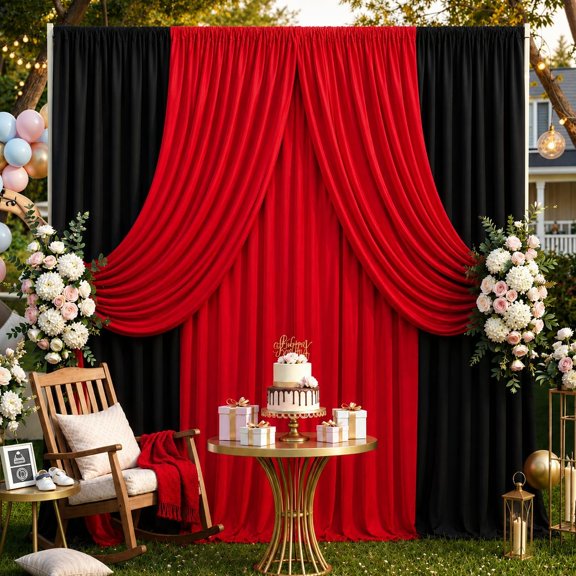 10ft x 10ft Wrinkle Free Backdrop Curtain Red&Black for Parties, Polyester Photography Backdrop Drapes for Birthday Party Graduation Decoration(2.5 x 10ft Each)