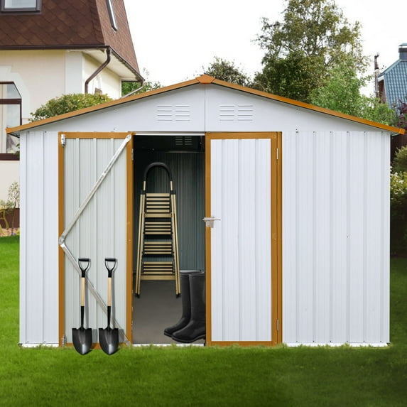 10ft x 12ft Outdoor Storage Sheds, Metal Waterproof Tool Sheds with Aluminum Frames & Punched Vents & Hinged Lockable Doors, Heavy-Duty Sheds Unit for Patio Storage, Chicken Coop, White+Yellow