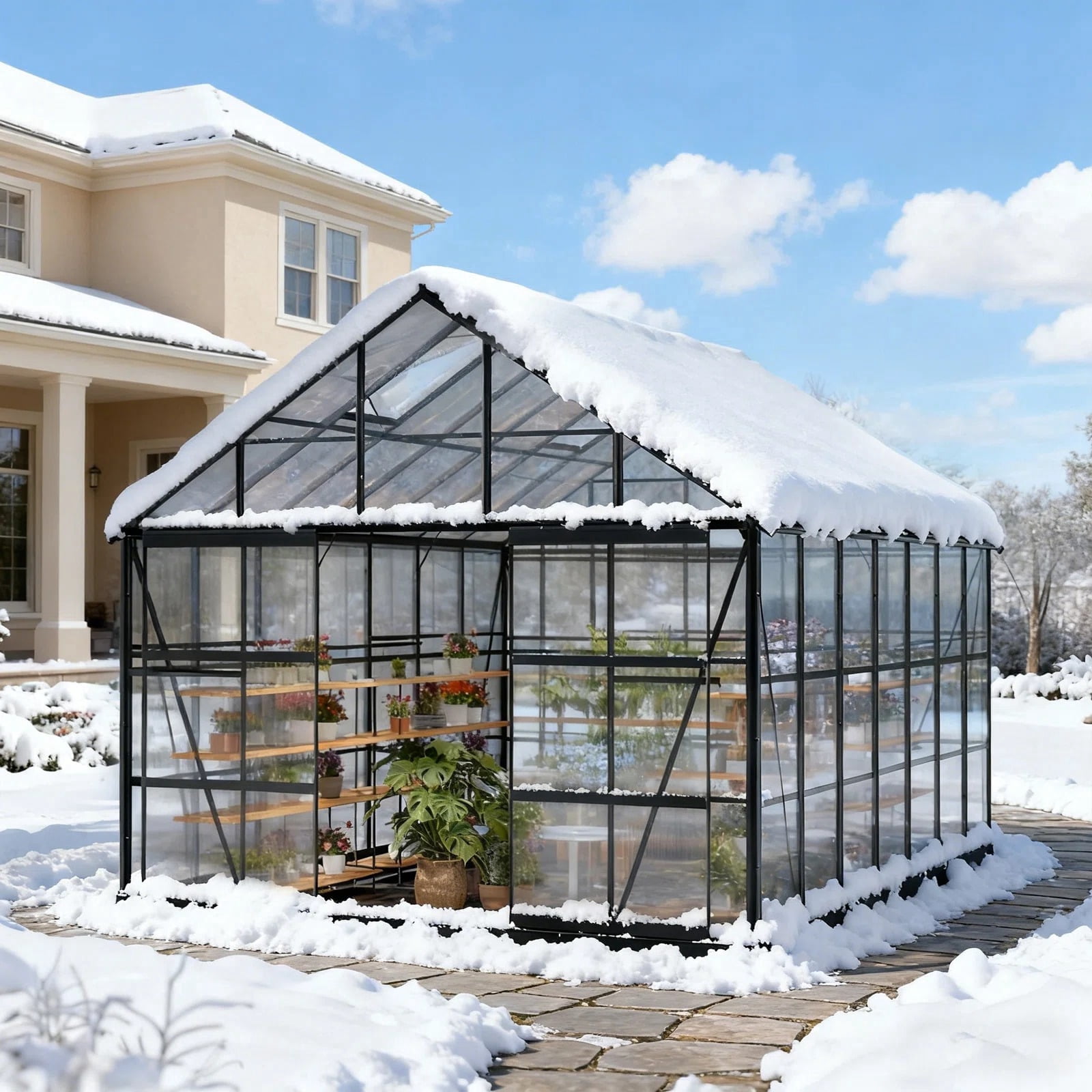 10ft x 16ft, Walk-In Polycarbonate Greenhouse with 4 Adjustable Roof Vents, Aluminum Frame