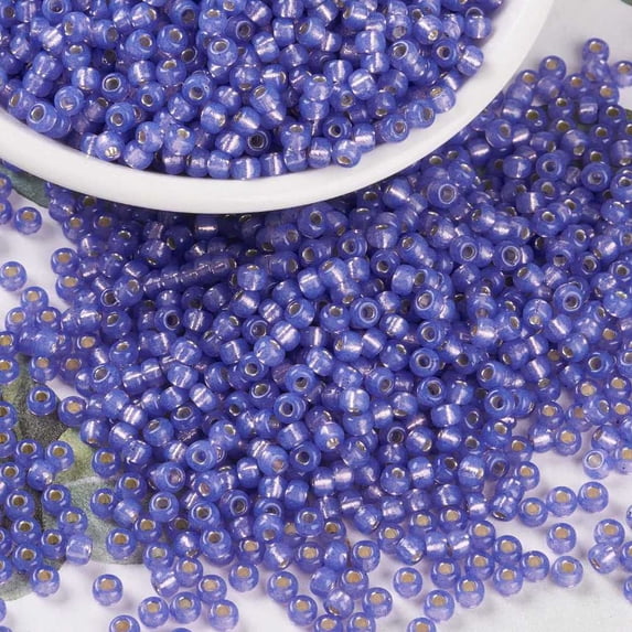 10gs MIYUKI Round Rocailles Beads Japanese Seed Beads 8/0 (RR649) Dyed Violet Silverlined Alabaster 3mm Hole: 1mm about 422~455pcs/10g