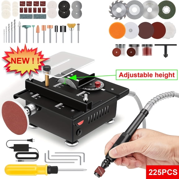 10in 225pcs Mini Table Saw - 7-Speed 6000RPM, Adjustable Angle, 4 Blades for Cutting Drilling, Fits Wood/Metal/Plastic, DIY Gift