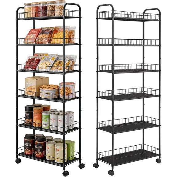 10in Wide 6-Tier Slim Rolling Storage Cart, Black Narrow Metal Wheeled Shelving Unit with Hooks for Kitchen Bathroom Laundry