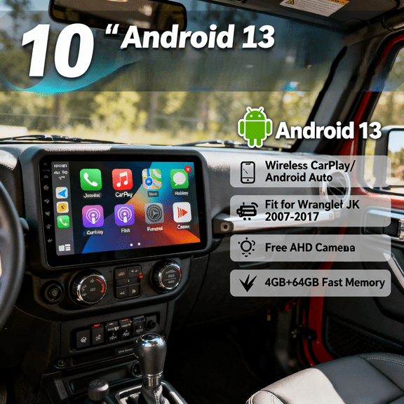 10in Android 13 Car Stereo Radio GPS Navigation 4+64GB Compatible for Wrangler JK (2007-2017)/for Liberty (2008-2012) Built-in Wireless CarPlay & Android Auto Bluetooth/WiFi/FM/RDS +AHD Backup Camera