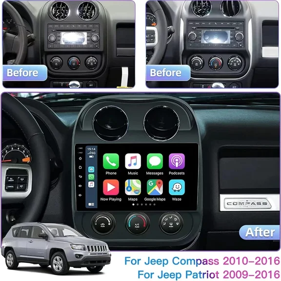 10in Android 15 Car Stereo Compatible for Jeep Patriot 2009-2017, 2+64GB, Wireless CarPlay & Android Auto, GPS, AHD Backup Camera, Bluetooth/WiFi/FM RDS, SWC & Split Screen