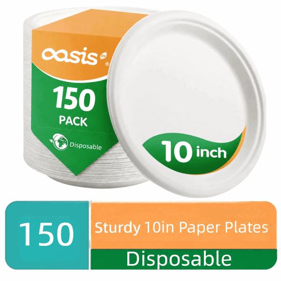 10in Paper Plates,OasisSN 150 Pack Disposable Heavy Duty Paper Plates,Bagasse Round Dinner Platter for BBQ,Picnic,Party,Big Game