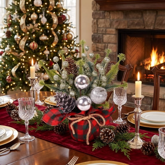 10in Plaid Christmas Tree, Mini Potted Tabletop Centerpiece with Ornaments, Farmhouse Holiday Decor for Home