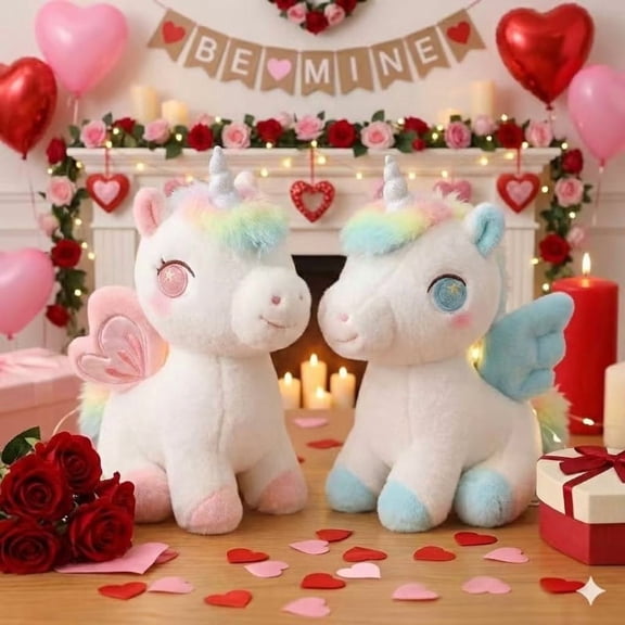 10in Rainbow White Unicorn Plush Toy 2-Pack Rainbow Mane - Ideal Valentine's Day Gift for Kids/Teens