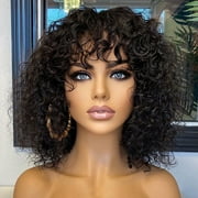 10in Water Wave Minimalist Lace Glueless Short Curly Wig with Bangs