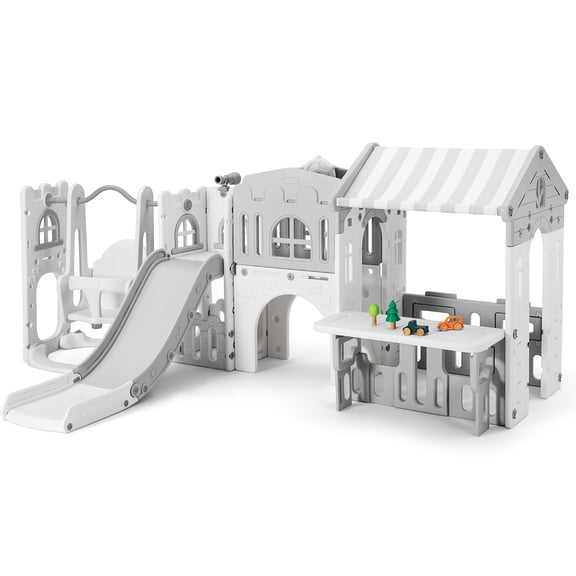 10in1 Kids Slide & Swing Playset with Playhouse Freestanding Toddler Climber Playground Indoor Outdoor Toys w/Basketball Hoop,Telescope(Gray&White)