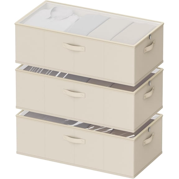10inch 3 Pack Under Bed Storage Containers, 10 Inch Tall Underbed Clothes Organizer Bin with Clear WindowFoldable Box Basket for Clothes, Closet, Sheets and Blankets Beige