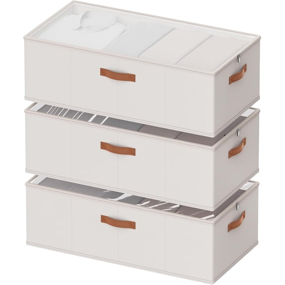 10inch 3 Pack Under Bed Storage Containers, 10 Inch Tall Underbed Clothes Storage Organizer Bin with Clear WindowFoldable Box Basket for Clothes, Closet, Bed Sheets and Blankets White