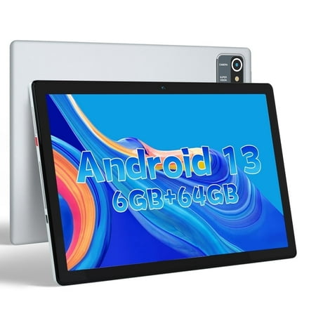 10inch Android 13 Table, 6GB RAM 64GB ROM 128GB Expand, Quad-core Processor, 1280x800 IPS HD Touch Screen Tablet, Dual Camera, Bluetooth, 5000mAh Battery,Silver