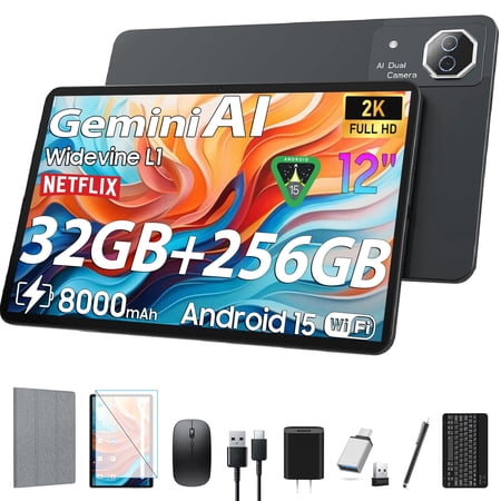 12inch Android 15 Tablet with 256GB ROM+32GB RAM,Helio G99,Octa-Core 5G WIFI,Dual Camera,GPS,1TB Expand,FHD IPS,2K 2000x1200Display Tableta,Wideline L1,GMS Certified,Split-screen,AI,Gaming Tablets
