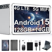10inch Android 15 Tablet,4G Cellular Tablet with 128GB ROM+14(8+6)GB RAM,5G WIFI,Octa-Core,13MP Camera,GPS,1TB Expandable,FHD IPS,8000mAh,Face Unlock,Split-screen,Android Tablet with Keyboard,Silver