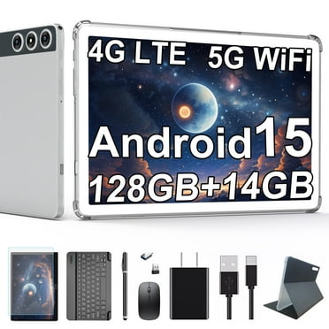 10inch Android 15 Tablet,4G Cellular Tablet with 128GB ROM 14(8 6)GB RAM,5G WIFI,Octa-Core,13MP Camera,GPS,1TB Expandable,FHD IPS,8000mAh,Face Unlock,Split-screen,Android Tablet with Keyboard,Silver