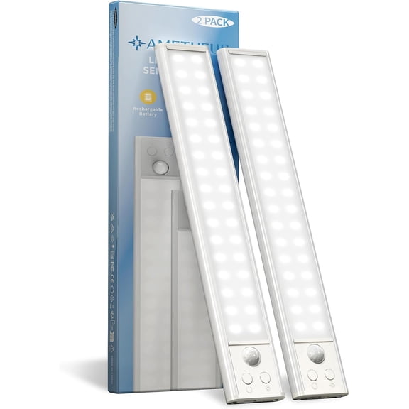 10inch Under Cabinet Lights, Motion Sensor Light Indoor, Wireless Closet 1800mAh Rechargeable Battery, Magnetic, 5 Levels Dimmable, Counter Lights for Kitchen, Bathroom (2 Pack)