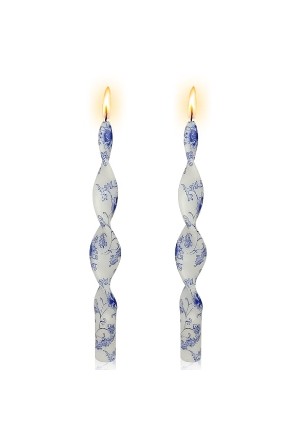 10inch Chinoiserie Taper Candles Blue Flower Printed Spiral Candle Handmade Twisted Unscented Candles Christmas Candles Sticks, Exquisite Candle Gift for Home Decoration Pack of 2