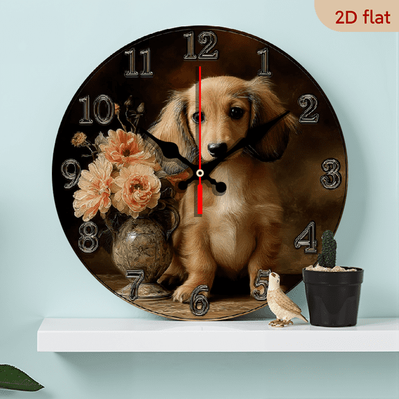 10inch Round Wooden Wall Clock - Silent Non-Ticking Japanese Movement, Long-Haired Cream Dachshund Floral Design with Black Hands White Face, Decorative Numerals, Battery-Powered