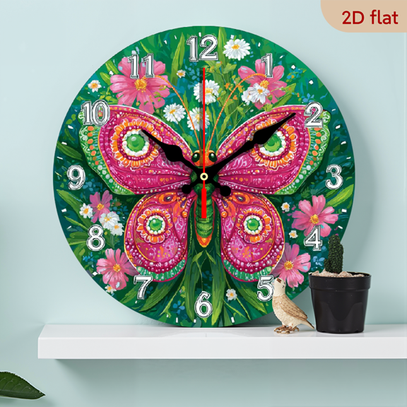 10inch Round Wooden Wall Clock - Silent Non-Ticking Movement, Green Floral Butterfly Design with Pink Flowers Green Leaves, Battery Operated Included) for Living Room, Bedroom, O