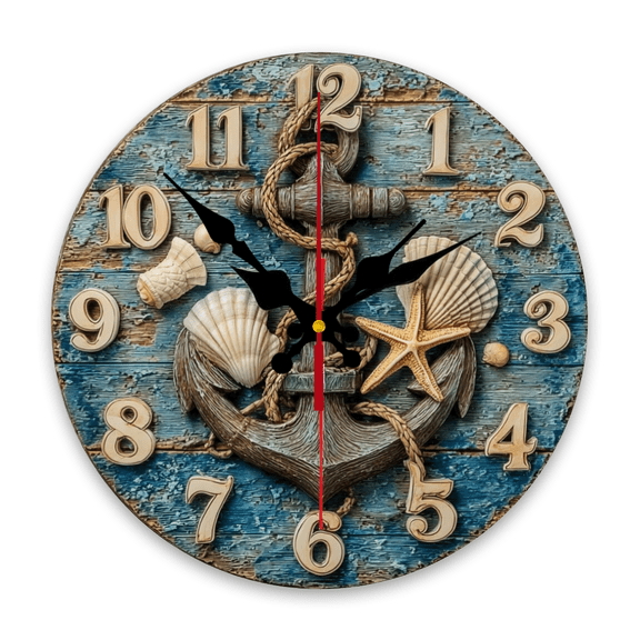10inch A Rustic Dark Anchor Design with Rope And Shells on a Distressed Teal Wooden Wall Clock, Perfect for a Nautical-Themed Nursery. This Timeless Coastal Decor Is Suitable for Home Offices,