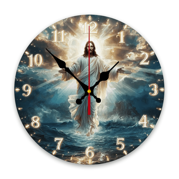10inch Wooden Round Clock Featuring Christ Walking on Water with Cloudy Sky And Ocean Background Suitable for Living Room Bedroom And Office Durable And Easy to Maintain Fashionable Wall Clock