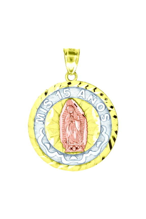 10k 10kt Gold Tri-color Diamond-cut Unisex Mis 15 Anos Guadalupe Mary Quinceanera Pendant for Men Women