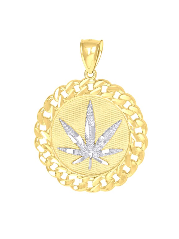 10k 10Kt Gold Two-Tone Diamond-Cut Mens Marijuana Leaf Medallion Charm Pendant